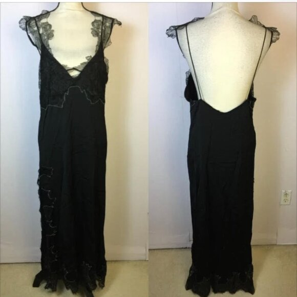 Zara Slip Camisole Midi Maxi Dress Size L Womans Black Satin Lace Trim Low Back - Picture 3 of 5